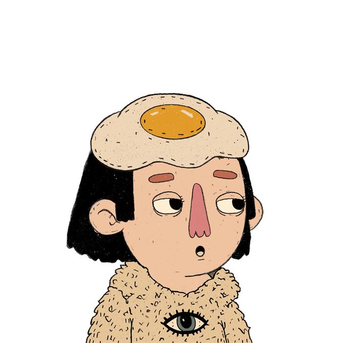 An illustration of a person with short black hair wearing a fried egg on their head as a hat and a fuzzy sweater featuring a single eye in the center.