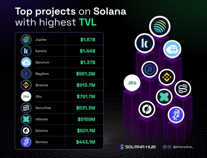 The image presents a colorful graph detailing the total value locked by various cryptocurrency projects, including Solana, along with their corresponding names. The projects are listed vertically from top to bottom while displaying their associated numbers of total value locked (TVL). A social media post is also visible, which provides more context and potentially suggests that Bitcoin might be a popular topic in this graph.