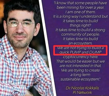 A quote graphic featuring a portrait of Dr. Nicolas Kokkalis (Pi Network), with a red box highlighting his statement: 'We are not trying to build a quick PUMP and DUMP cryptocurrency here.'