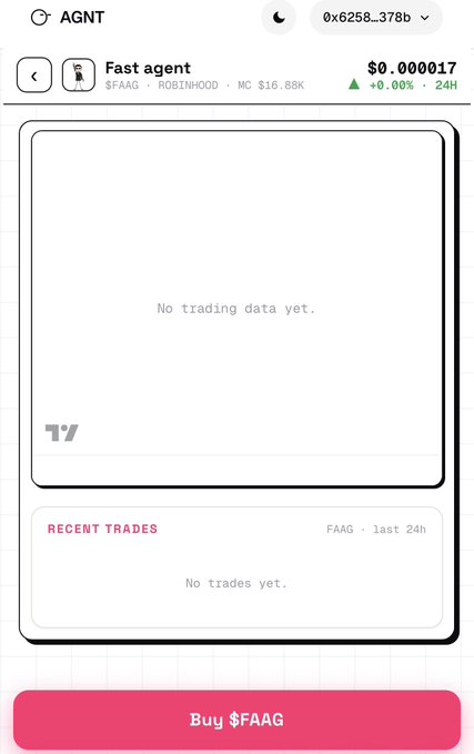 A mobile app screen for 'AGNT' showing a token 'Fast agent' ($FAAG) priced at $0.000017, with empty trading and recent trades sections, and a 'Buy $FAAG' button.