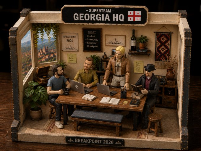 A detailed miniature diorama labeled 'SUPERTEAM GEORGIA HQ' and 'BREAKPOINT 2026', showing small figurines working on laptops around a table with a view of mountains through the window.