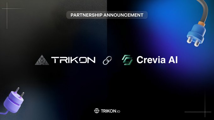 A dark promotional graphic announcing a partnership between "TRIKON" and "Crevia AI," featuring decorative plug illustrations on the sides and the websites TRIKON.io and Crevia AI branding in the center, visually reinforcing the post's message of Crevia AI being an integrated "plug-in" build tool on the Trikon platform.