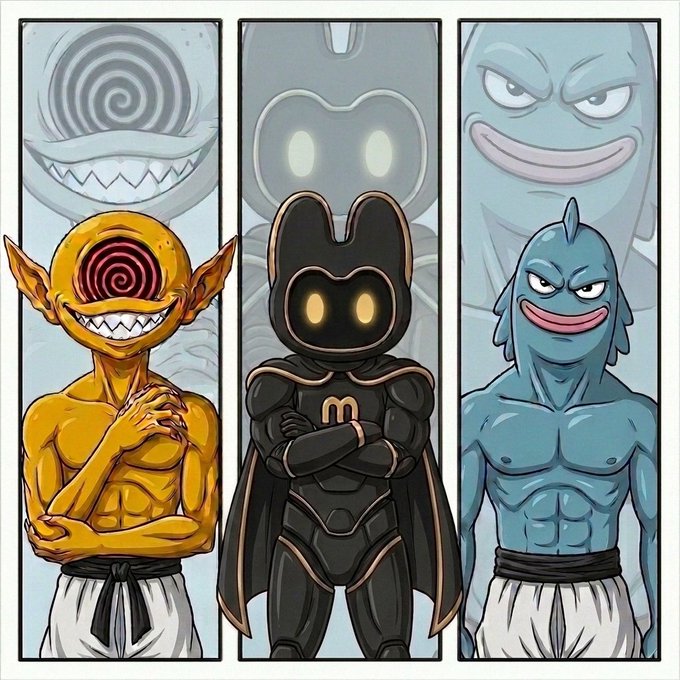 A triptych illustration showing three characters: a yellow monster with a spiral face and pointed ears, a dark knight-like figure with glowing yellow eyes, and a blue fish-like humanoid, all with arms crossed.