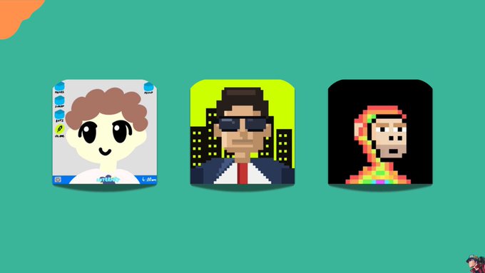 Three pixel-art style avatars are displayed against a teal background, including a character with curly brown hair in a light interface, a man with sunglasses against a yellow city backdrop, and a hooded figure on a black background.