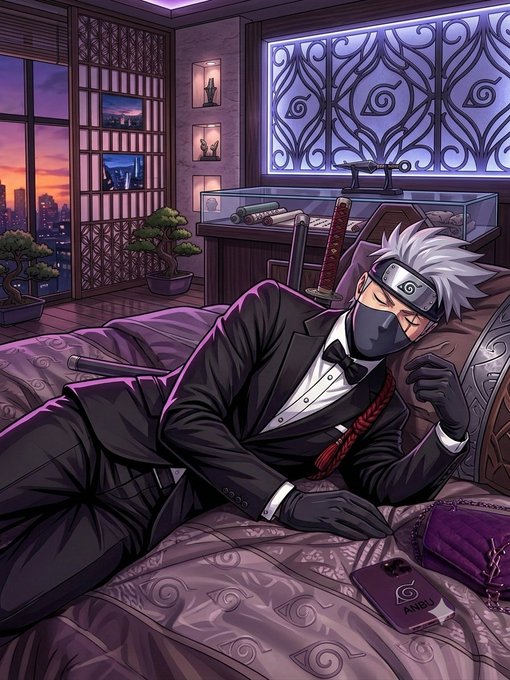 An anime-style illustration of Kakashi Hatake from Naruto dressed in a black tuxedo with a red sash, wearing his signature mask and headband, reclining on an ornate bed in a luxurious room with city views and weapons displayed in the background.