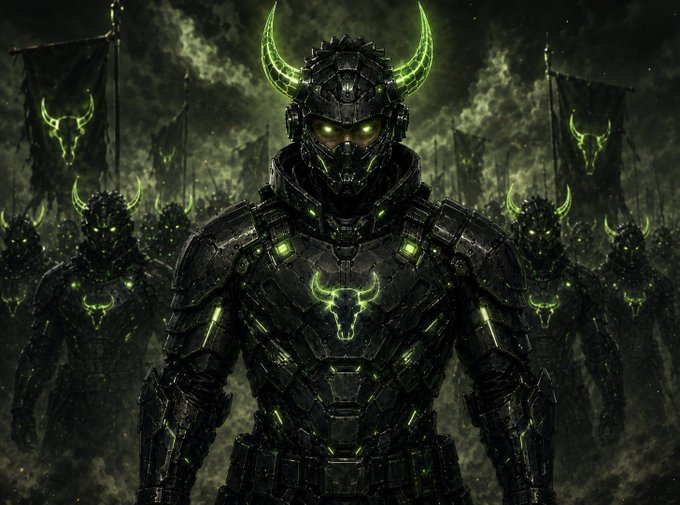 A dark, fantasy-style digital artwork depicting an armored warrior with glowing green horns and accents, standing before an army of similarly armored figures under a cloudy sky.