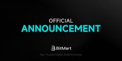 A dark vertical image displays the text "OFFICIAL ANNOUNCEMENT" in stylized cyan and white lettering against a black background. The graphic serves as a dramatic visual announcement, likely referencing the regulatory challenges or official communications surrounding the BitMart exchange situation mentioned in the post.