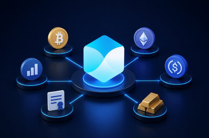 A 3D illustration showing cryptocurrency and finance icons (Bitcoin, Ethereum, USD stablecoin, gold bars, certificate, chart) connected by glowing lines to a central blue cube on a dark background.