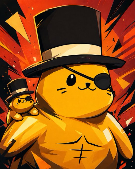 An illustration of a muscular, golden-colored cat wearing a black top hat and an eye patch, with a smaller version of the same cat perched on its shoulder, set against a dynamic red and orange background.