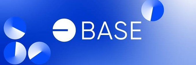 A Coinbase-style BASE logo displayed on a blue gradient background with circular design elements.