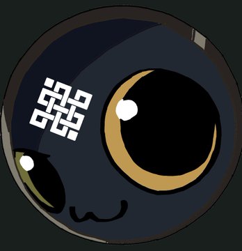 A cartoonish dark gray sphere with a large stylized eye, a QR code on its side, and small text elements on a black background.