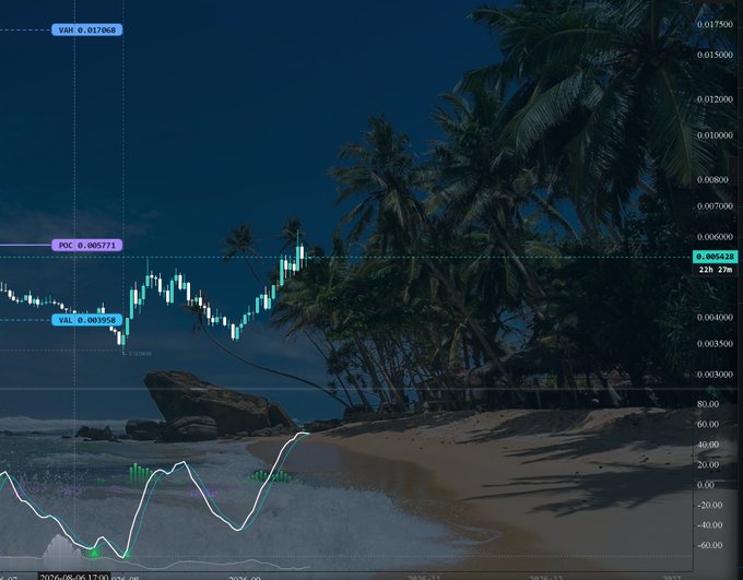 A financial chart showing candlestick patterns overlaid on a background of a tropical beach with palm trees, featuring indicators labeled 'VAH 0.017068', 'POC 0.005771', 'VAL 0.003906', and dates from 2026.