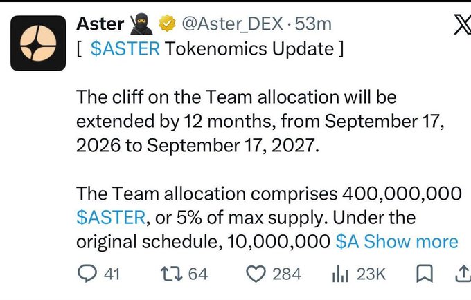 Twitter post from Aster (@Aster_DEX) announcing a $ASTER tokenomics update, extending the team allocation cliff by 12 months from September 17, 2026 to September 17, 2027.