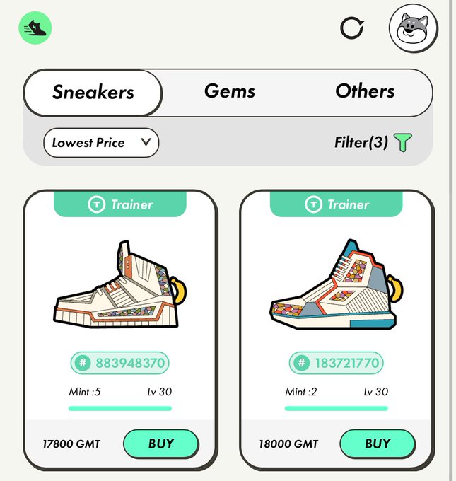 iphone screen displays two sneakers for sale, priced at $18.99 and $29.99 respectively, with a filter labeled "Finder 3" and a "Trainer" filter.
