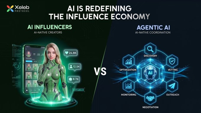 A promotional graphic titled 'AI IS REDEFINING THE INFLUENCE ECONOMY' by Xeleb Protocol, contrasting 'AI INFLUENCERS' featuring a digital woman with '24.8K' followers versus 'AGENTIC AI' showing a hexagonal tech diagram with nodes like DISCOVERY, VETTING, and OUTREACH.