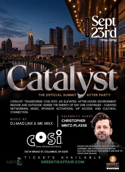 An event flyer for 'Catalyst - The Official Summit After Party' on Wednesday Sept 23rd, 7PM-11PM at COSI in Columbus, OH, featuring music by DJ Mad Linx & Mr. Mixx and celebrity guest Christopher Mintz-Plasse.