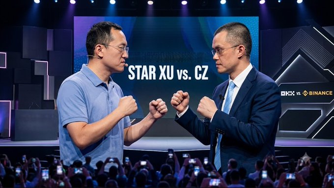 The image shows two men standing in front of a crowd at an event with a large screen behind them displaying a presentation about Star Yu vs. CZ, which seems to be related to cryptocurrency or blockchain technology. The crowd consists of people sitting on chairs around the stage and taking pictures using their phones.