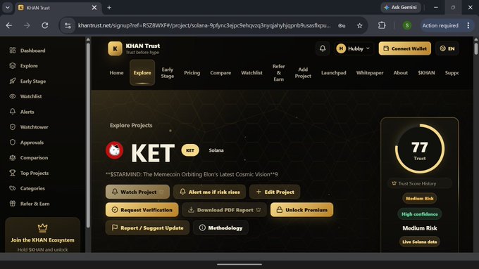 A screenshot of the 'KHAN Trust' website showing a project named 'KET' on the Solana blockchain with a trust score of 77, labeled as 'Medium Risk' and 'High confidence'.