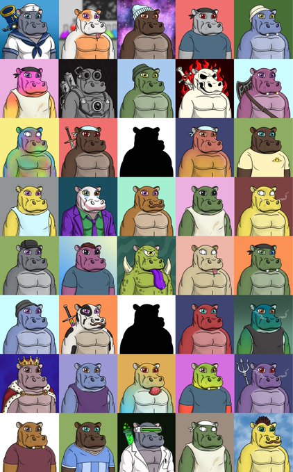 A grid of colorful cartoon hippo characters with various accessories, clothing, and a few silhouettes in different backgrounds.
