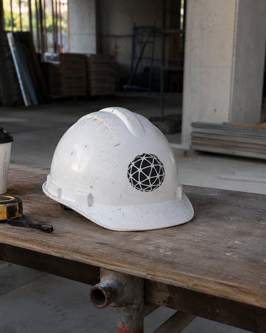 A white hard hat with a circular globe-style logo sits on a weathered wooden workbench, accompanied by a yellow tape measure and a coffee cup. The background shows a construction site with stacked materials and metal scaffolding.