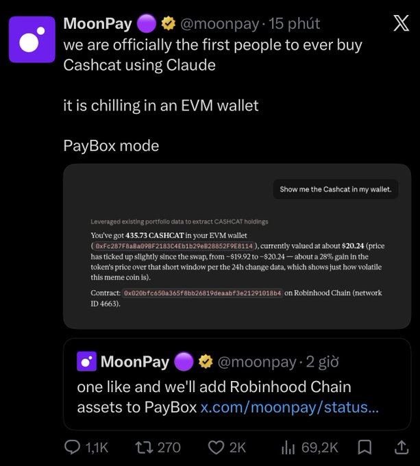 A social media post from MoonPay (@moonpay) claiming they are the first to buy Cashcat using Claude, showing 435.73 CASHCAT in an EVM wallet valued at about $20.24.