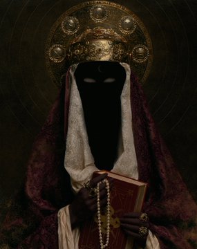 A mysterious dark figure in ornate robes and a jeweled crown holds a book and prayer beads, with a shadowed face.