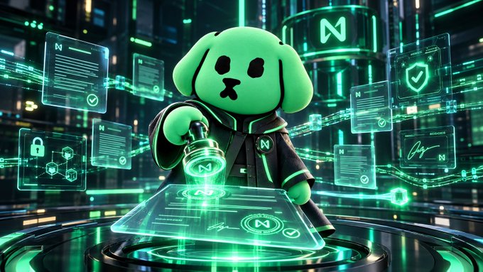 A green cartoon dog character in a futuristic suit stands behind a glowing holographic document, holding a stamp-like device while floating interface panels featuring padlocks, checkmarks, and "N" logos surround it. The image visualizes Shitzu as the "digital notary" described in the post, with the NEAR Protocol "N" branding prominently displayed to emphasize the cryptographic trust and seamless transaction approval it provides on the Web3 platform.