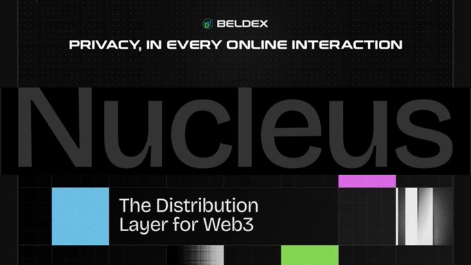 The image is a promotional graphic for Beldex and Nucleus, featuring the tagline "PRIVACY, IN EVERY ONLINE INTERACTION" alongside the Beldex logo at the top, with large stylized "Nucleus" text and the descriptor "The Distribution Layer for Web3" below, which directly ties to the post highlighting Beldex's contribution campaign hosted on Nucleus Codes focused on privacy-focused ecosystem initiatives like private messaging.