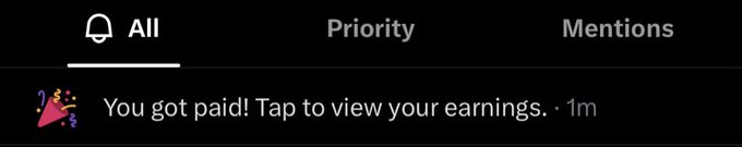 Notification screenshot displaying 'You got paid! Tap to view your earnings.' under the 'All' tab, marked as 1 minute old.