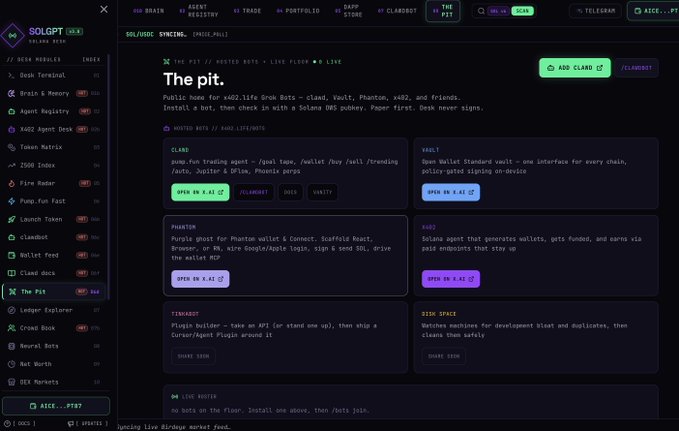 A screenshot of a dark-themed cryptocurrency platform called "SOLGPT" displays a page titled "The pit." featuring a grid of meme coin projects like $CLAWD, $VAULT, $PHANTOM, and $XD22.
