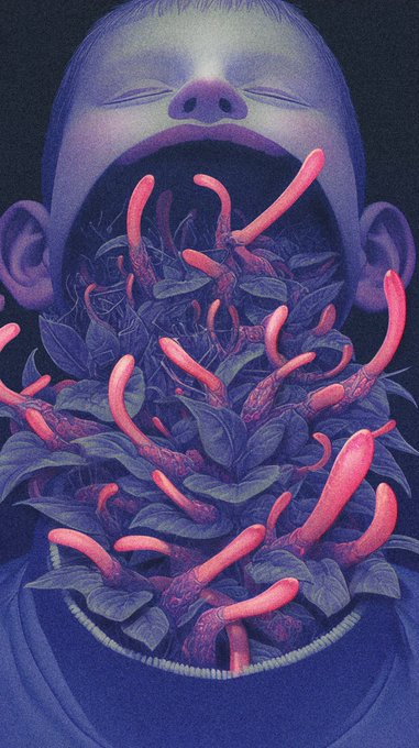 A surreal digital illustration of a person with their mouth open wide, from which a mass of red, tongue-like tendrils and dark leaves emerge.