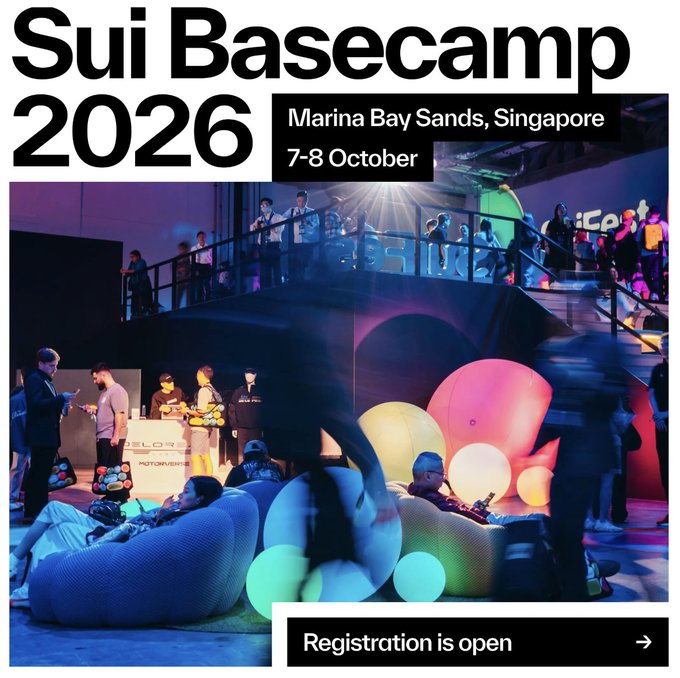 A promotional poster for 'Sui Basecamp 2026' at Marina Bay Sands, Singapore on 7-8 October, showing a colorful conference scene with glowing orbs and a registration banner.