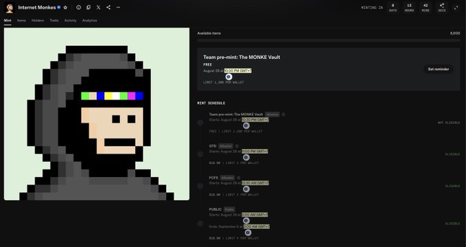 A screenshot of a website called 'Internet Monkes' displaying a pixelated Bored Ape NFT and listing available items including 'Team pre-mint: The MONKE Vault' with a floor price of 1,380.