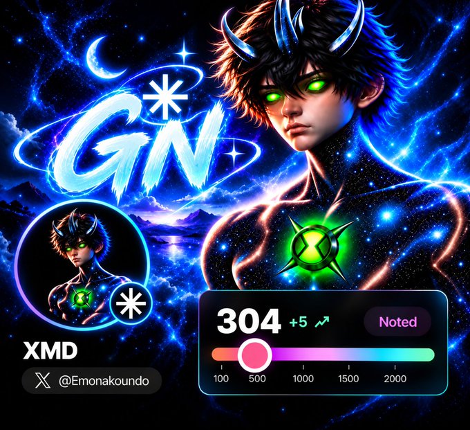 A vibrant digital artwork featuring an anime character with glowing green eyes and horns in a cosmic setting, displaying the 'GN*' logo, the ticker XMD, the handle @Emonakoundo, and a chart showing a noted value of 304.