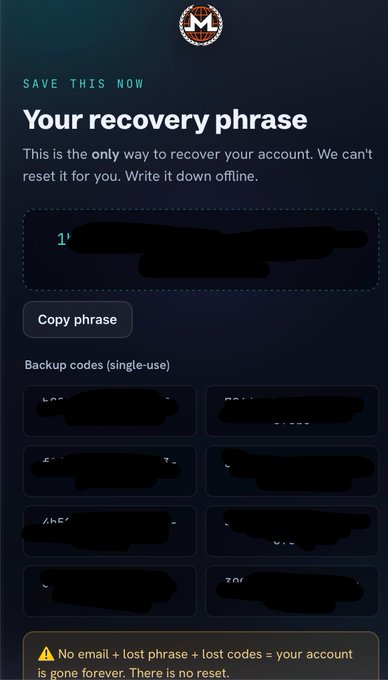 A screenshot of a Monero wallet recovery phrase page titled 'SAVE THIS NOW - Your recovery phrase' with the sensitive words blacked out, including 'Copy phrase' button, backup codes, and a warning that no email, lost phrase, or lost codes means the account is gone forever.