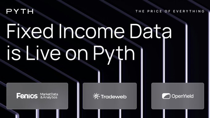 The image is a promotional graphic from Pyth Network announcing that fixed income data is now live on their platform. It features the tagline "THE PRICE OF EVERYTHING" alongside the headline "Fixed Income Data is Live on Pyth," with logos for the three data providers: Fenics Market Data & Analytics, Tradeweb, and OpenYield, all displayed on a sleek dark background with geometric line accents.