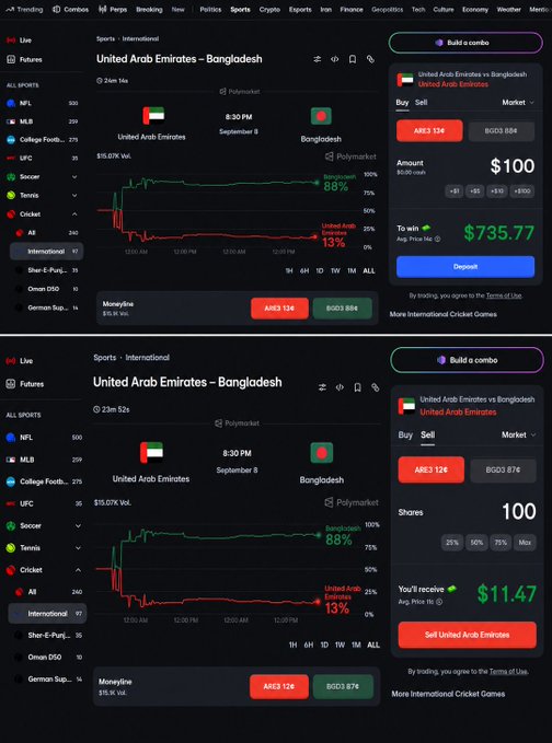Two screenshots of a sports betting platform interface for a cricket match between United Arab Emirates and Bangladesh, showing betting options for UAE (ARE) and Bangladesh (BGD) with shifting odds and potential payouts.
