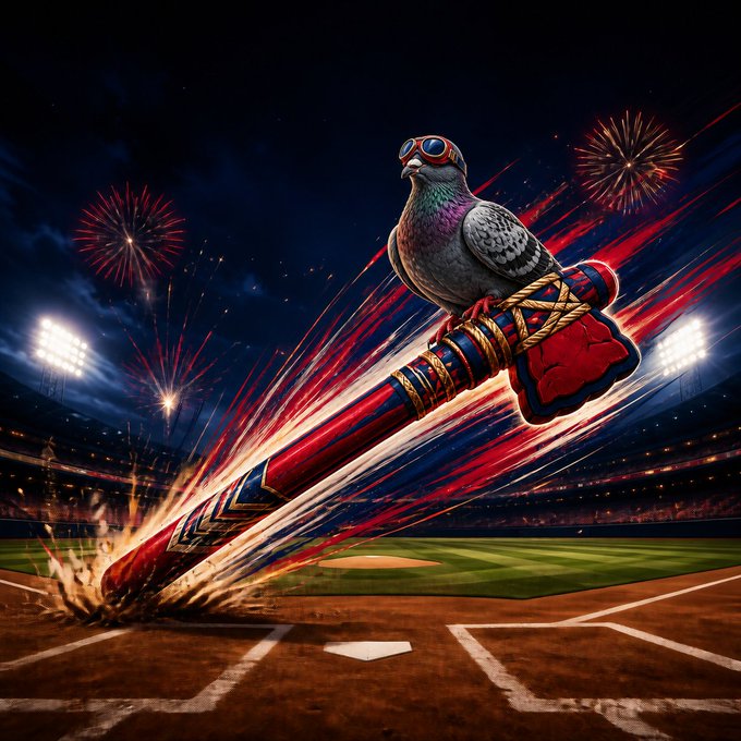 Surreal digital artwork of a pigeon wearing goggles and riding a rocket-like baseball bat soaring above a stadium field at night with fireworks in the background.