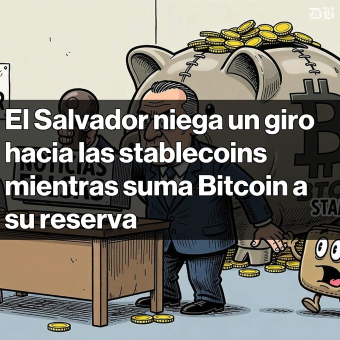A cartoon illustration of a man at a desk with piles of coins and a piggy bank, overlaid with the text "El Salvador niega un giro hacia las stablecoins mientras suma Bitcoin a su reserva."
