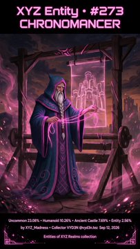 A digital art card for "XYZ Entity #273 CHRONOMANCER" depicting a hooded purple-robed figure conjuring a pink holographic cityscape, with collection details and royalties information at the bottom.