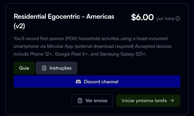 The image shows a Claru task listing titled "Residential Egocentric - Americas (v2)" offering $6.00 por hora, where users record first-person (POV) household activities using a head-mounted smartphone via the Minutes App, compatible with devices like iPhone 12+, Google Pixel 6+, and Samsung Galaxy S21+. It relates to the tutorial by displaying the task interface users will encounter after signing up on Claru, featuring buttons for "Guia," "Instruções," a "Discord channel" link, "Ver envios," and "Iniciar próxima tarefa" to begin earning.