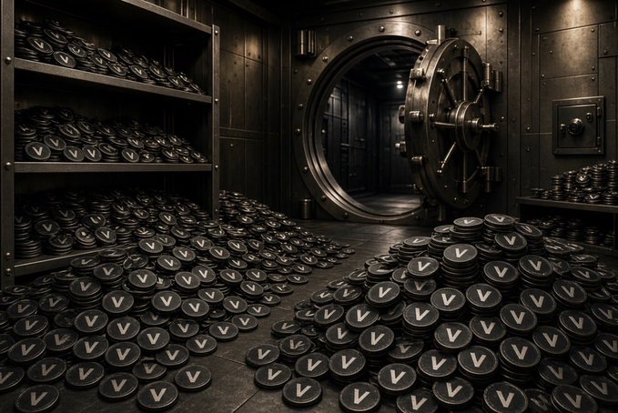 An AI-generated image of a vault filled with countless black coins marked with 'V', representing a massive overflow of cryptocurrency.