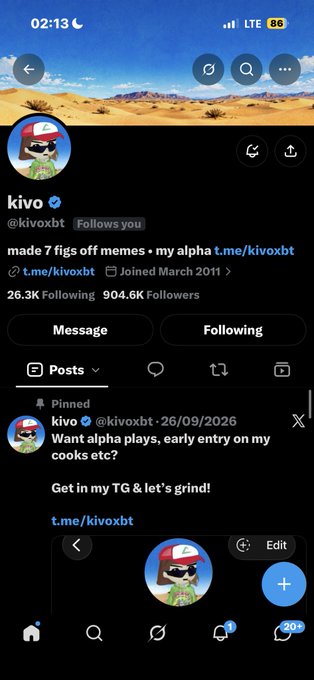 A Twitter profile page for user "kivo" (@kivoxbt), displaying a pinned post dated 26/09/2026 that reads: "Want alpha plays, early entry on my cooks etc? Get in my TG & let's grind! t.me/kivoxbt".