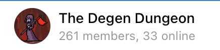 The image shows a Discord server header for "The Degen Dungeon" featuring a pixelated warrior character holding a red flag, with 261 members and 33 currently online. It visually represents the active trading community mentioned in the post that's seeking new active traders to join.