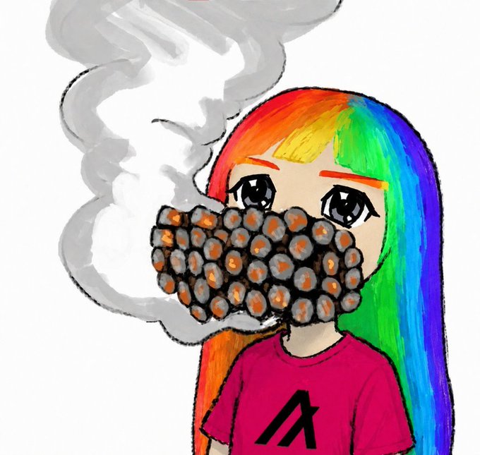 urn of smoke with a face and rainbow hair, wearing pink shirt and black A on chest.