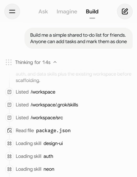 A mobile app interface showing a 'Build' tab with a prompt to create a 'simple shared to-do list for friends,' listing system actions like 'Listed /workspace' and 'Loading skill design-ui'.