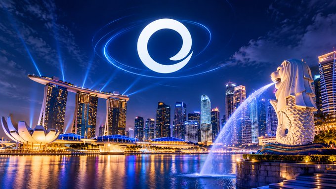 A nighttime cityscape of Singapore featuring the Marina Bay Sands hotel, ArtScience Museum, the Merlion statue spouting water, and a glowing 'Q' logo in the sky.
