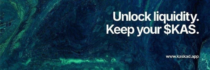 The image features a banner with a blue background, white text, and an illustration of a green marble surface. The text on the banner reads "Unlock Liquidity. Keep your $KAS." Below this, there's a small illustration of a green marble surface that says "I've been holding Kaspa for five years, and I've always felt that what it lacks most is DeFi infrastructure that can truly get funds moving". The image also includes the words "www.kaspadapp" at the bottom right corner.