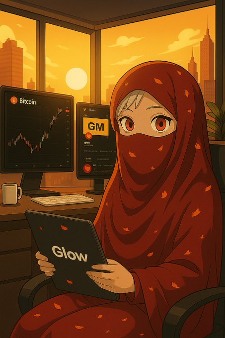 An anime-style illustration shows a character in a red hijab and niqab holding a tablet displaying the word 'Glow,' with Bitcoin price charts and a 'GM' interface visible on dual monitors against a sunset cityscape.