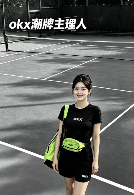 An OKX promotional image featuring a smiling woman in a black OKX t-shirt and shorts with a neon green crossbody bag on a tennis court, with the text 'okx潮牌主理人' (OKX Trend Brand Manager).